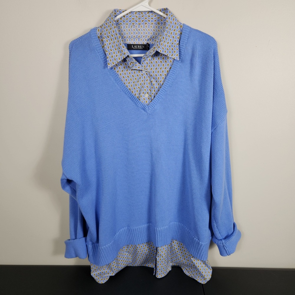 Lauren Ralph Lauren Womens‎ XXL Blue Cotton Knit Paisley Layered 2-in-1 Sweater